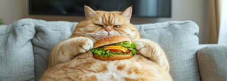 fat cat with fast food burger on sofa, AI generated imageの素材