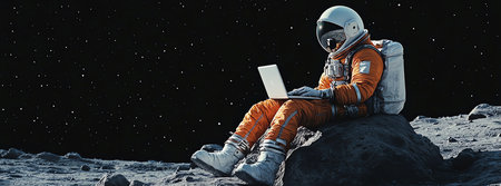 astronaut with laptop on the moon, AI generated imageの素材