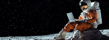 astronaut with laptop on the moon, AI generated imageの素材