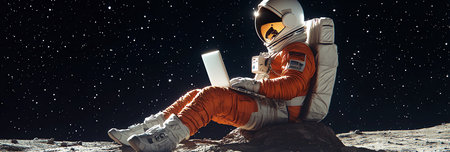 astronaut with laptop on the moon, AI generated imageの素材