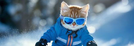 cat skiing, AI generated imageの素材