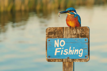 A kingfisher with a small fish in its beak defying the rule, AI generated imageの素材