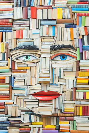 Human face made of stacked books, AI generated imageの素材