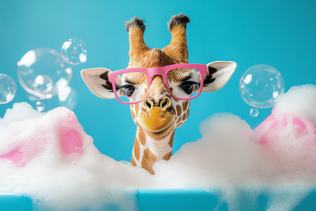 giraffe with pink glasses in a bath, AI generated imageの素材