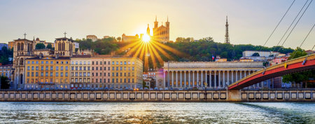 View of Lyon at sunset, France, Europeの写真素材