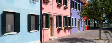 famous view of Burano island, Venice, Italyの写真素材