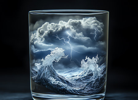 intense and surreal storm contained within a small glass, AI generated imageの素材