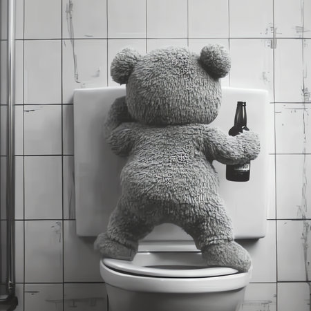 teddy bear with beer bottle at toilet, AI generated imageの素材
