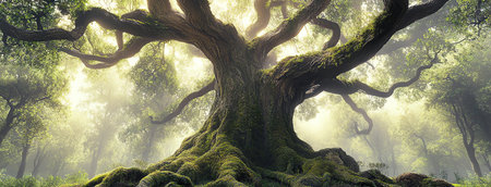 towering ancient oak tree, AI generated imageの素材