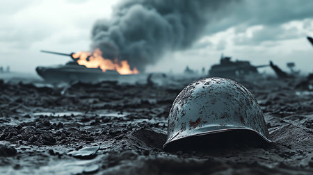 helmet on desolate battlefield, AI generated imageの素材