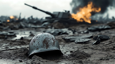 helmet on desolate battlefield, AI generated imageの素材