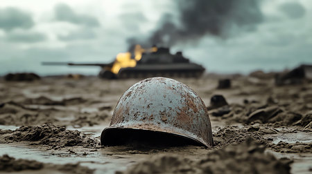 helmet on desolate battlefield, AI generated imageの素材