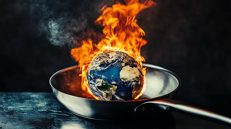 cracked Earth inside a frying pan, AI generated imageの素材