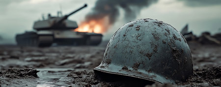 helmet on desolate battlefield, AI generated imageの素材