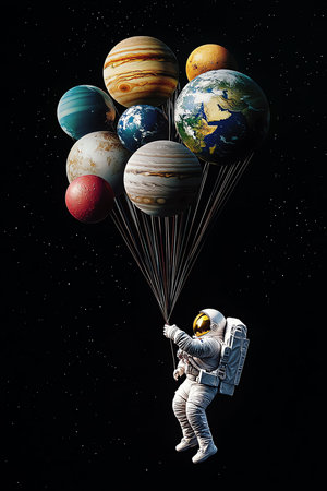 astronaut with attached balloons, AI generated imageの素材