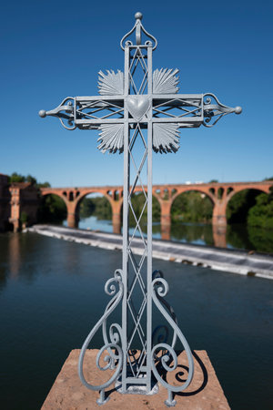 cross on a bridge in Albi, France, Europeの写真素材