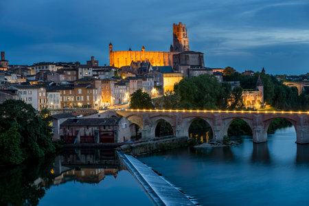 famous Albi town by night, France, Europeの写真素材