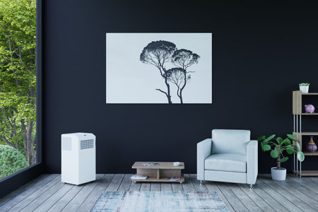 mobile air conditioning in a room with an armchair and a window