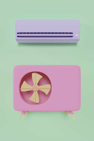outdoor pink and indoor purple air conditioner on green background 3dの写真素材