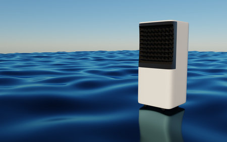 portable air conditioner unit over blue water 3dの写真素材