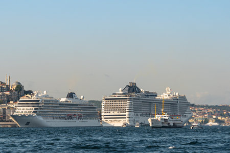 Cruise ships docked at terminal in Bosphorus Istanbul, Turkeyのeditorial素材