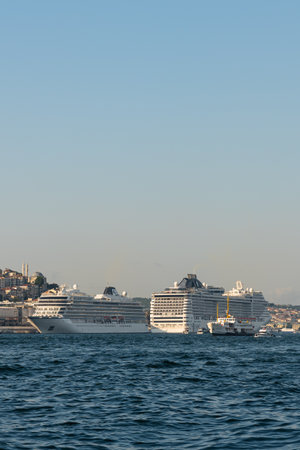 ISTANBUL, TURKEY - 6 June 2023: ships docked at terminal in Bosphorus Istanbul, Turkeyのeditorial素材