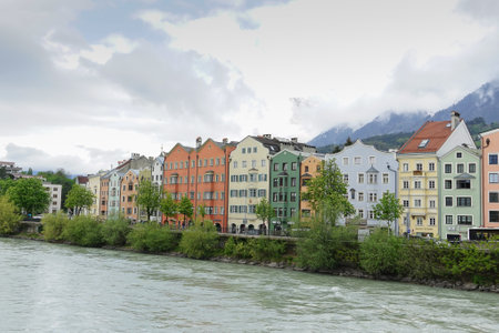Colorful historic houses on the banks of the river in Innsbruck. High quality photoの写真素材