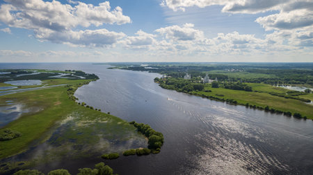 Panoramic aerial view of the Volkhov River and Lake Ilmen near Veliky Novgorod, natural attractions...