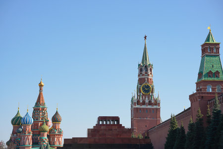 Moscow, Red Square, view of the Spasskaya Tower, mausoleum and St. Basils Cathedral. High quality photoの写真素材