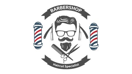 Barbershop logo with scissors and a comb with barber poles on the left and right, for the logo of a haircut business or othersのイラスト素材