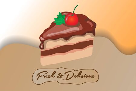a piece of chocolate tart with cherry topping and two strands of mint with a flat design. vector illustrationのイラスト素材