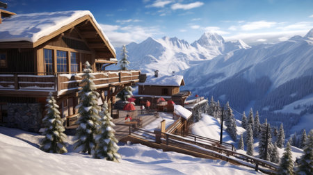 A ski resort with a cable car and a chaletの素材