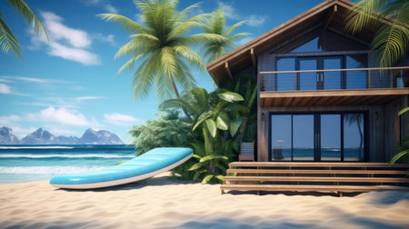 A beach house with a surfboard, The house is surrounded by palm treesの素材