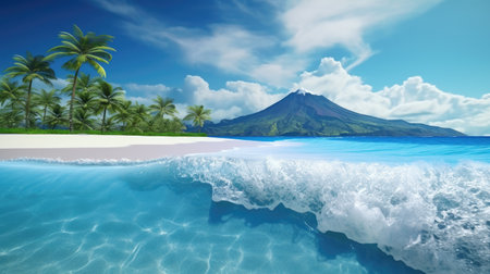 A tropical island with a beach and a volcanoの素材