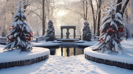 A winter park with a fountain and a bench, winter landscape with a park covered in snow.の素材