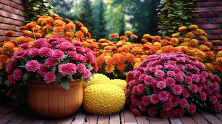 A lush garden bathed in the soft glow of autumn sunlight, showcasing vibrant chrysanthemums in full bloomの素材