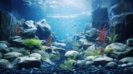 aquascape underwater landscape. A school of small red fish swims gracefully among the rocky terrain adorned with vibrant aquatic plants.の素材