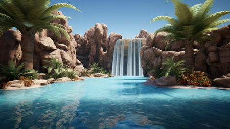 A desert oasis with palm trees and a waterfallの素材