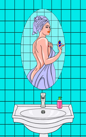 A beautiful, slender woman in the bathroom, reflected in the mirror with a towel on her head.のイラスト素材