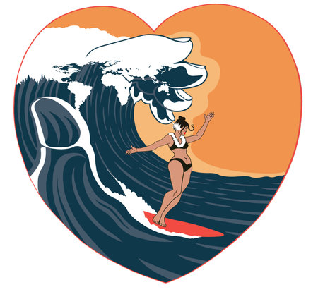 A beautiful, graceful woman is surfing. A metaphor. tourism.