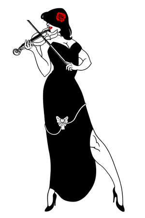 a stylish woman in an evening dress plays the violinのイラスト素材