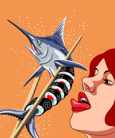 Sushi and a woman's face. A metaphor.のイラスト素材