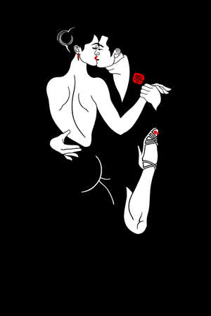 A kiss. Beautiful, stylish man and woman hug and kiss in a dance. Waltz, tango, salsa, bachata. Drawing on a black background.のイラスト素材