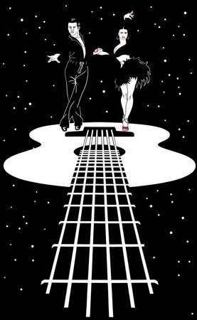 A beautiful, passionate man and woman perform a flamenco dance. metaphor. guitar. space.のイラスト素材