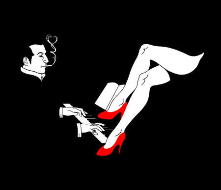 A pianist and a woman. Drawing on a black background.のイラスト素材
