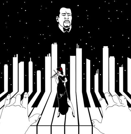 A man plays the piano, and a woman in a concert dress plays the violin. A metaphor. Drawing on a black background.のイラスト素材