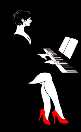 A beautiful woman in an evening dress plays the piano.のイラスト素材