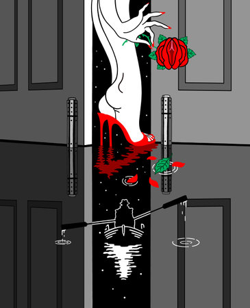 Women's feet in shoes at the door. A metaphor. night. A boat. Rose.のイラスト素材