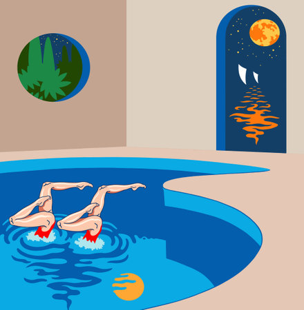 Beautiful, graceful women are engaged in synchronized swimming in the pool.のイラスト素材