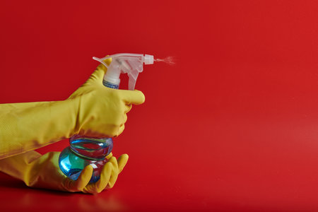 yellow gloves on a red background with a spray bottleの写真素材